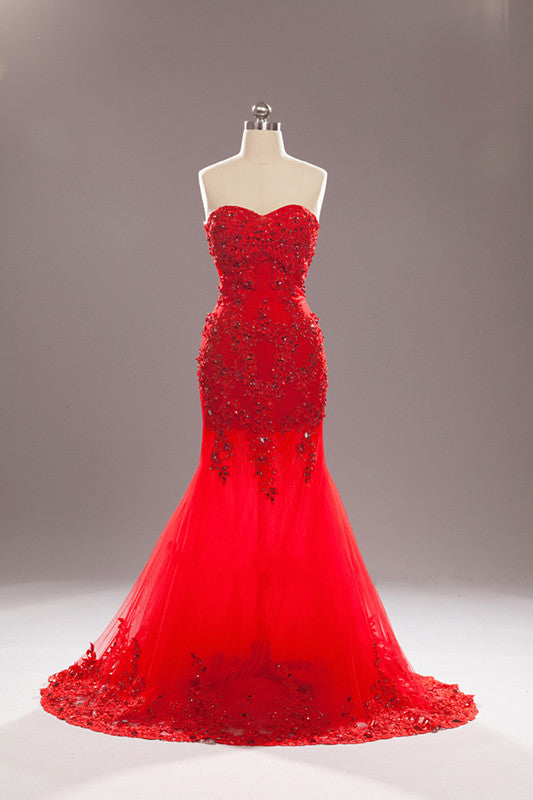 Handmade mermaid style evening dress with beading and lace, tulle in red