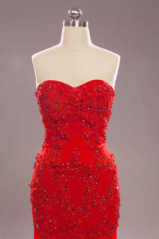 Handmade mermaid style evening dress with beading and lace, tulle in red