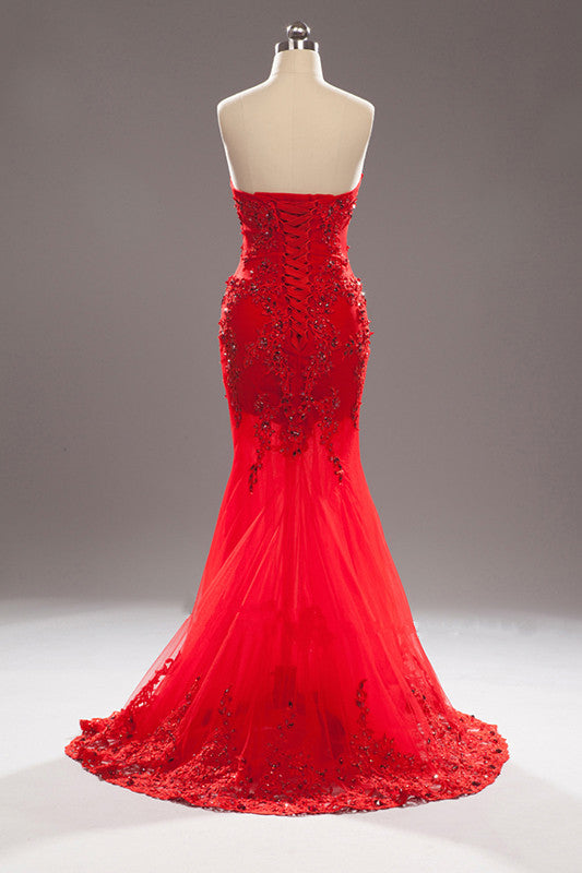 Handmade mermaid style evening dress with beading and lace, tulle in red