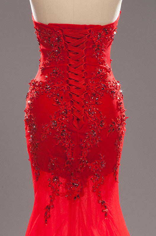 Handmade mermaid style evening dress with beading and lace, tulle in red
