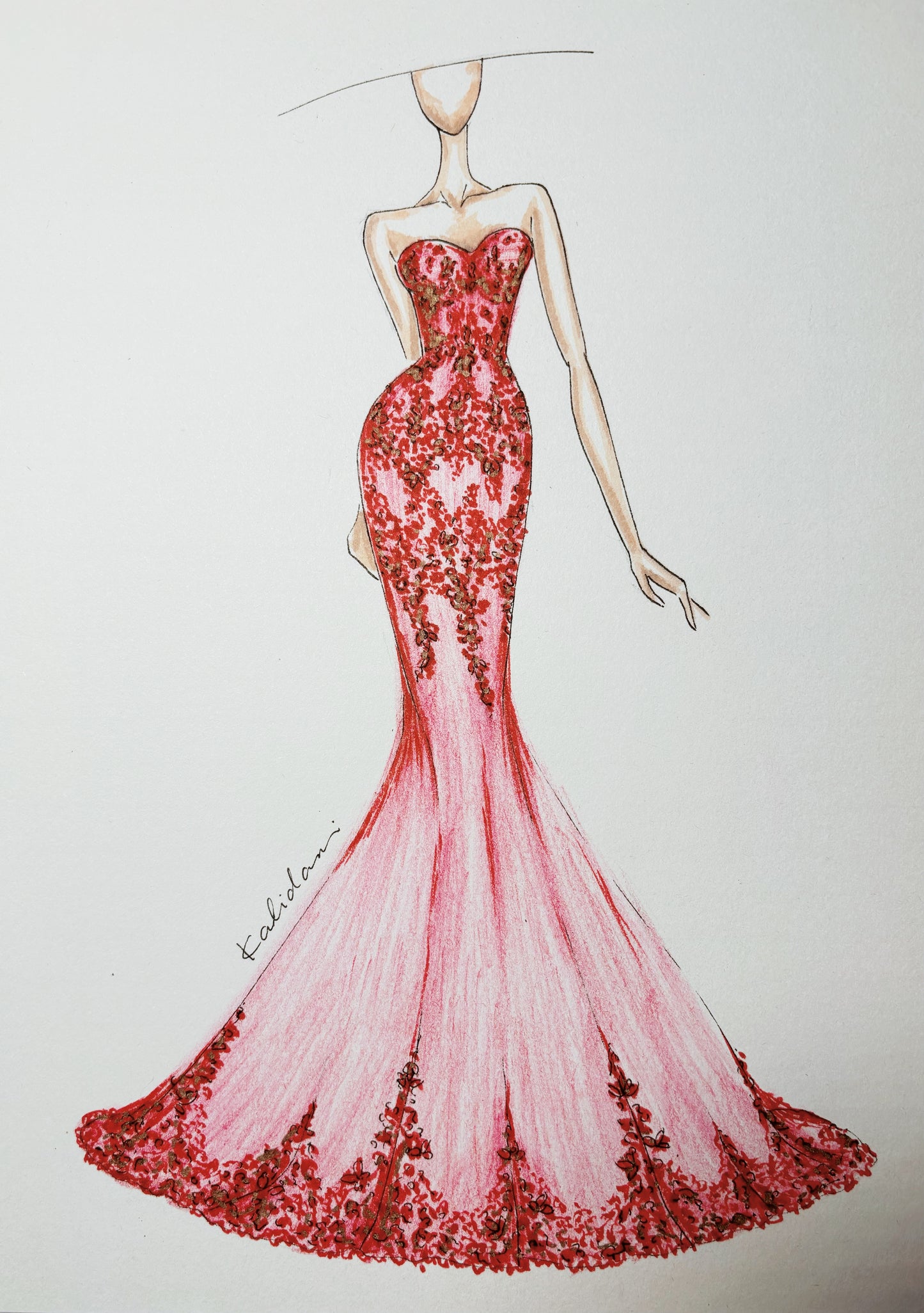 Handmade mermaid style evening dress with beading and lace, tulle in red