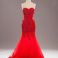 Handmade mermaid style evening dress with beading and lace, tulle in red