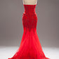 Handmade mermaid style evening dress with beading and lace, tulle in red