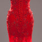 Handmade mermaid style evening dress with beading and lace, tulle in red
