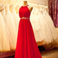 KaliDani Red Chiffon Evening Dress 2024 Modern Long Prom Dress with Beaded Embroidered Empire Waist and Halter Neckline