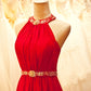 KaliDani Red Chiffon Evening Dress 2024 Modern Long Prom Dress with Beaded Embroidered Empire Waist and Halter Neckline