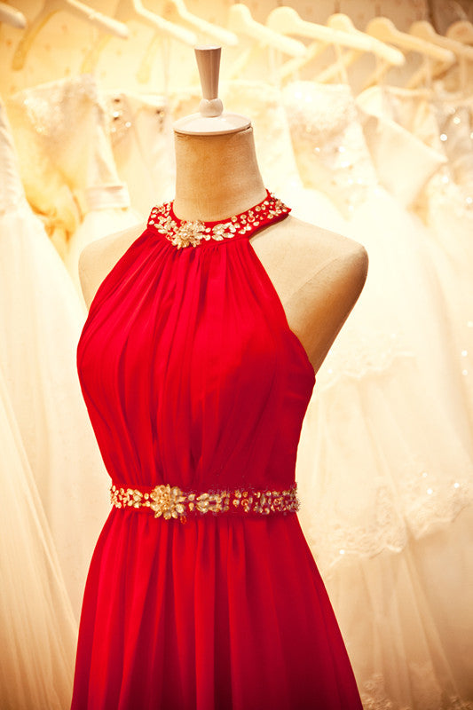 KaliDani Red Chiffon Evening Dress 2024 Modern Long Prom Dress with Beaded Embroidered Empire Waist and Halter Neckline