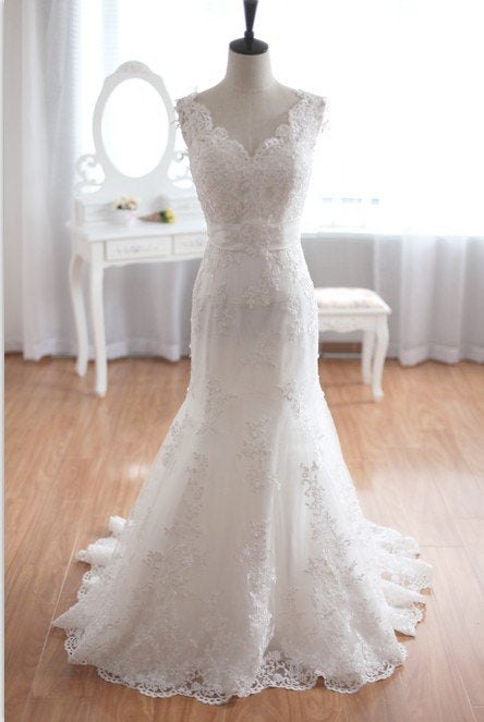 Design-Spitzenhochzeitskleid Meerjungfrau A-Linie Etui-Brautkleid mit Kappärmeln