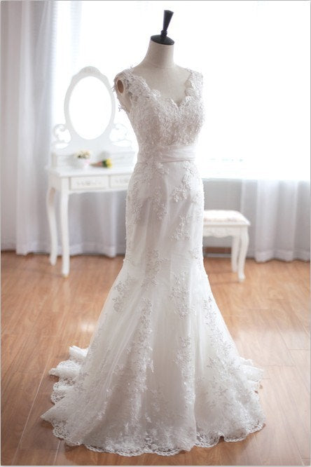 Design-Spitzenhochzeitskleid Meerjungfrau A-Linie Etui-Brautkleid mit Kappärmeln