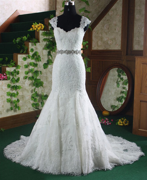 Glamorous Luxury Mermaid White Lace Wedding Dress with Cathedral Train and Pearl Embellishments